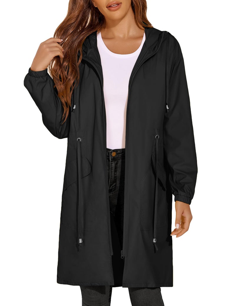 ELESOL Women Rain Jacket Waterproof Lightweight Zip Raincoat Long Rain Slicker Windbreaker Travel Rainwear - Image 1
